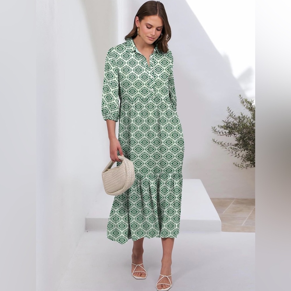 Boho Style long sleeves dress Green Geometric Print Midi Dress